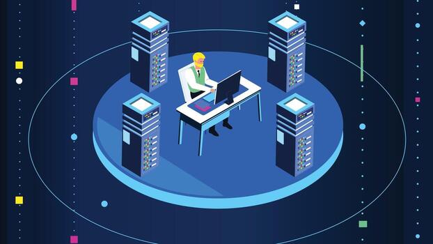 Person managing servers in data center vector