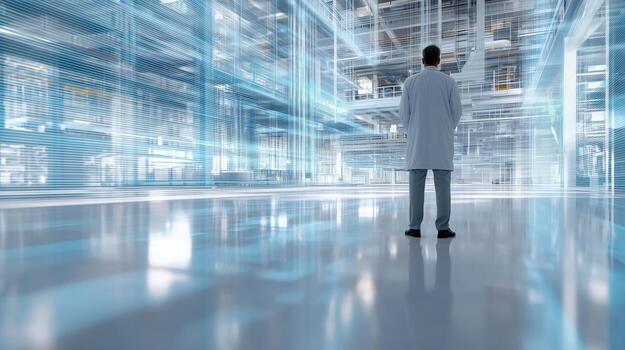 científico observa avanzado tecnología en un alta tecnología laboratorio ajuste durante tiempo de día foto