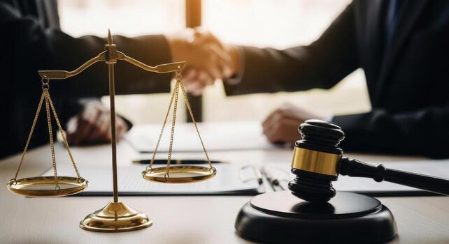 Law and justice concept with gavel and scale of justice photo