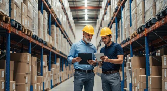Warehouse workers inspecting inventory with tablet photo
