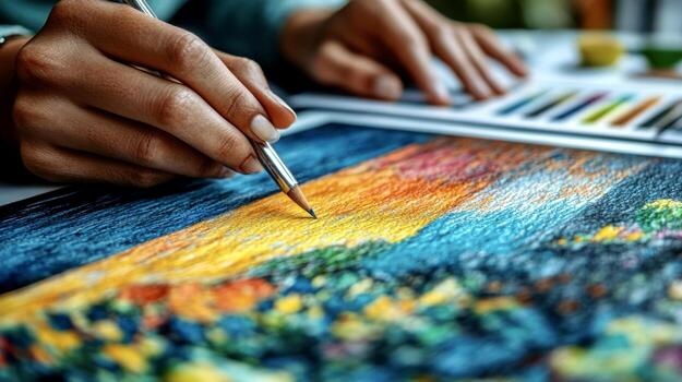 Close-up of hands drawing a colorful landscape with colored pencils on textured paper, with a set of pencils nearby photo