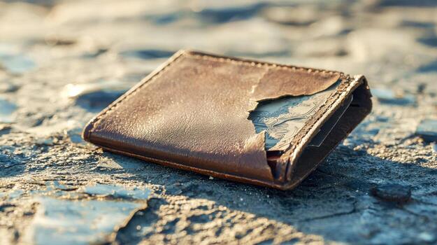 Close-up of an old, torn leather wallet with visible cash sticking out, lying on a rough textured surface in sunlight photo