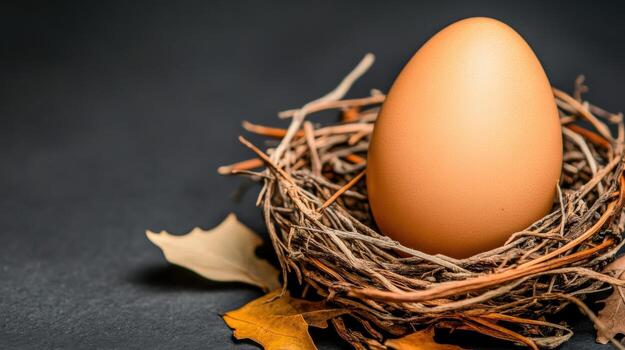 A small egg is sitting in a nest made of twigs photo