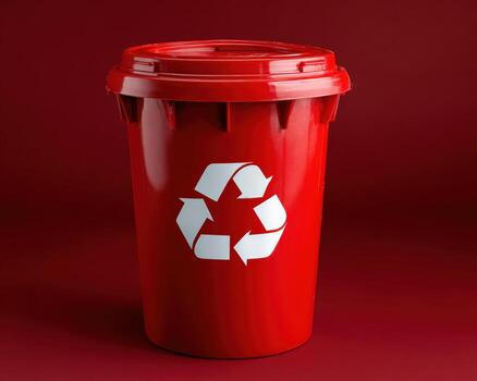 Red recycling bin with lid on red background, symbol for environmental care and waste management, bright plastic container for sorting recyclable materials photo