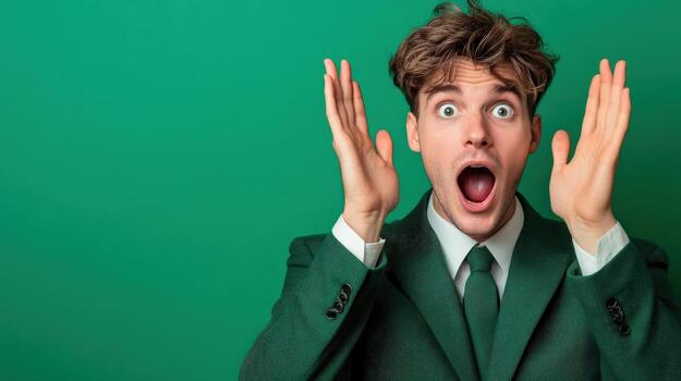 a man in a green suit and tie is making a surprised face photo