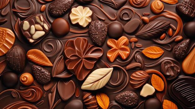 chocolate bar background with various types of chocolate photo