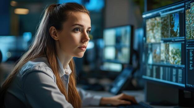 a woman is looking at a computer screen photo