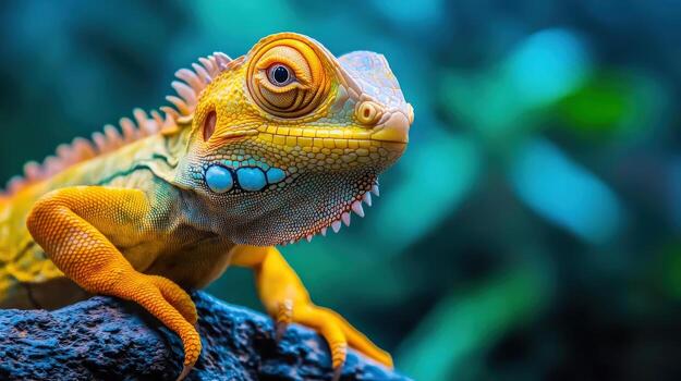 an iguana is sitting on a rock photo