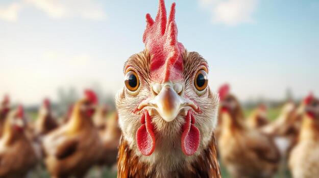 a chicken is standing in front of a group of other chickens photo