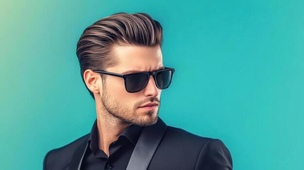A man in a suit and sunglasses is standing in front of a blue background photo