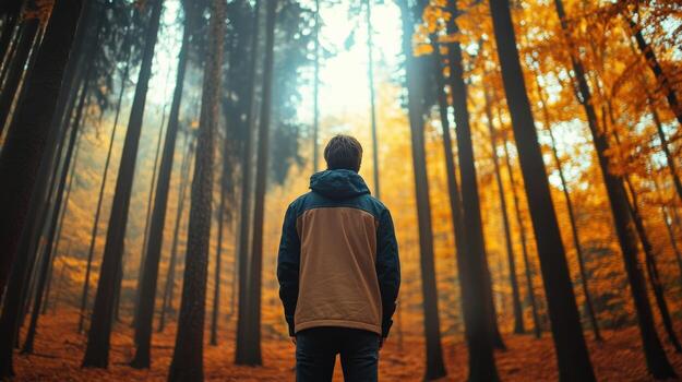 A man stands in a forest with a hood on, looking out into the distance photo