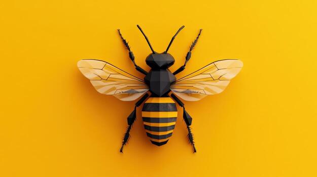 A yellow and black striped bee is on a yellow background. The bee is the main focus of the image, and it is in a relaxed and peaceful state. The bright colors of the bee photo