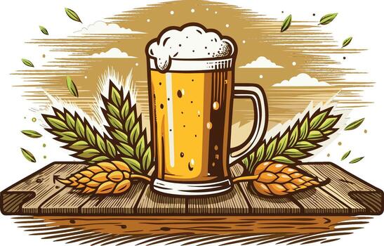 Illustration of a beer mug with foam on a wooden table with hops isolated on white background vector