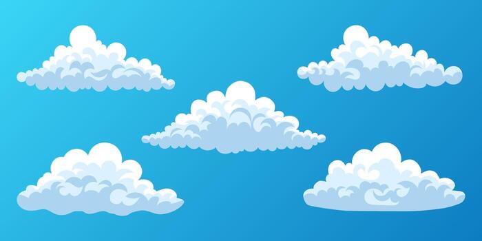 conjunto de hermosa dibujos animados estilo mullido cúmulo nubes en un claro azul cielo. hinchado y Rizado nubes con suave oscuridad, ideal para para niños ilustraciones, clima gráficos o juguetón antecedentes. vector