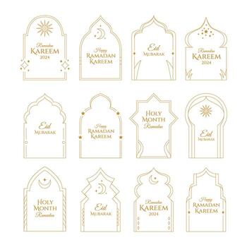 Set of Modern Minimalist Aesthetic linear frames for ramadan kareem greeting card collection, islamic border frame. trendy linear frames with stars, arch frames, geometric forms boho style. vector