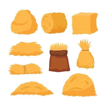 Set of haystack set collection, Hay bales, piles, heaps and stacks set, straw in rolls, squares, sack, wheelbarrow and crate. Dry grass, farm fodder bundles. Flat illustrations isolated. vector