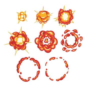 Animation of the cartoon explosion effect with smoke, broken into separate frames, Explosion process isolated cartoon set icon on white background, Animation Sprite sheet for games, cartoon. vector