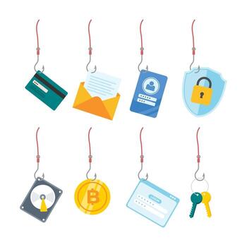 Set of bait hacking, Cyber crime, phishing, stealing personal data. Cyber fraud and online scam with credit card, message, mail, id, disc, security shield, password, key, flat illustration. vector