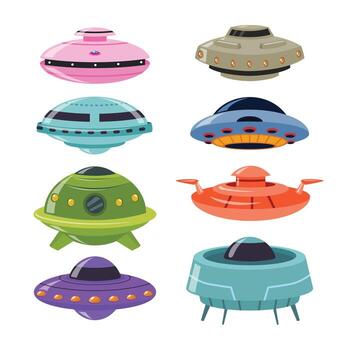 Set of Alien spaceship set collection cartoon style, extraterrestrial UFO, flying saucer and fantasy spaceship in outer space, Science Technology, Funny rockets, ufo shuttles, illustration. vector