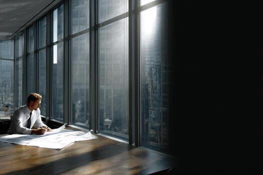 Economist analyzing data in a minimalist office setting photo