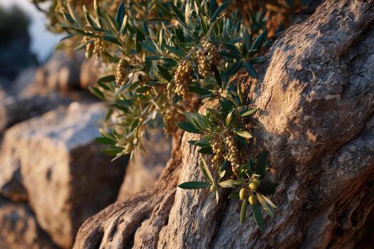 Olive tree trunk with rough bark and vibrant new growth photo
