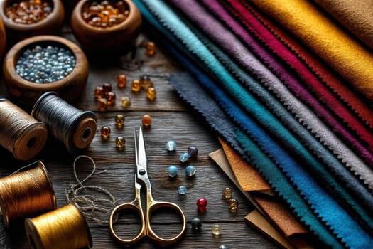 Handmade craft table with colorful felt sheets and tools photo