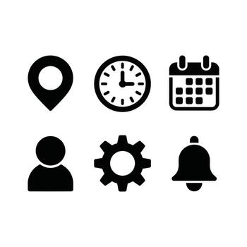 Set of six black user interface icons including location, clock, calendar, user, settings gear, and notification bell, isolated on white background vector