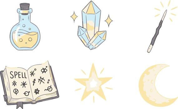 Enchanting collection of magical items for spellcasting and mystical practices. vector