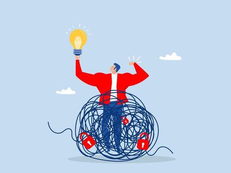 Businessman hold lightbulb answer on complicated messy.Solving complex problem,escaping from a messily tangled tight rope vector