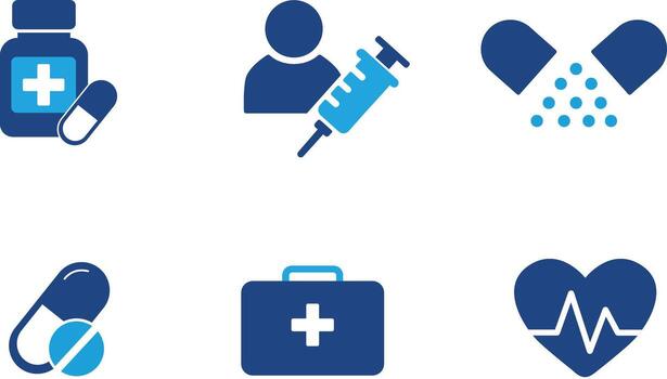 Medical and Healthcare Icons . Minimalist Item Set Featuring Medication, Vaccination, Heart Health, and Emergency Supplies vector