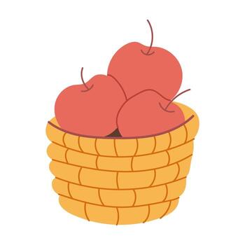 Tres manzanas en un cesta. el cesta es amarillo. el manzanas son rojo. el cesta es en frente de un blanco antecedentes vector