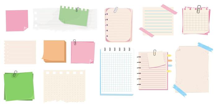 Different note papers, memo pages with paper clip and adhesive tape. Set sticky remind blanks, sheets, stickers. Checklist ripped torn edge paper vector
