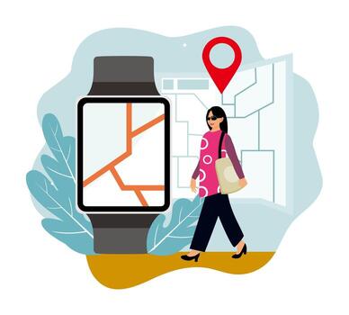 Woman using smartwatch for navigation vector