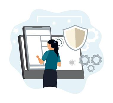 Woman exploring digital security concepts vector