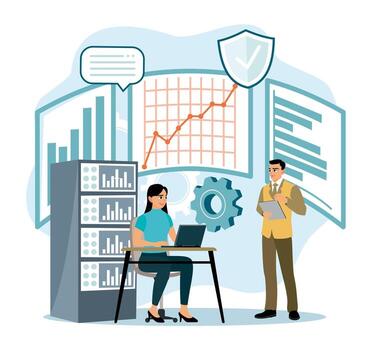 oficina trabajadores analizando datos como gráficos y cartas en digital dispositivos. vector