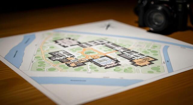 Detailed architectural blueprint of a building complex with a camera in the background photo