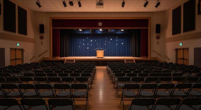 Empty Auditorium with Stage, Podium, and Rows of Folding Chairs Ready for Performance photo