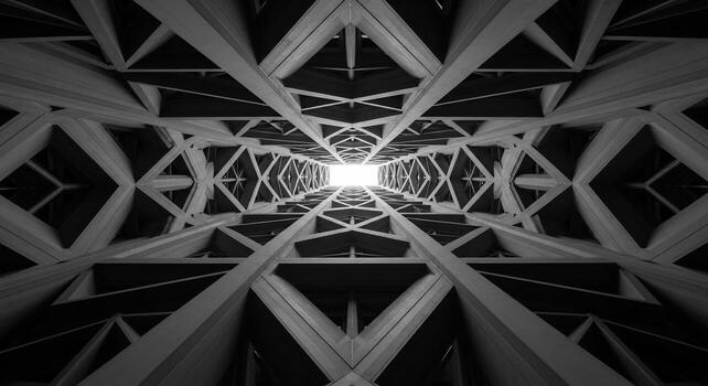 Abstract Black and White Geometric Structure with Light at the End of Tunnel photo