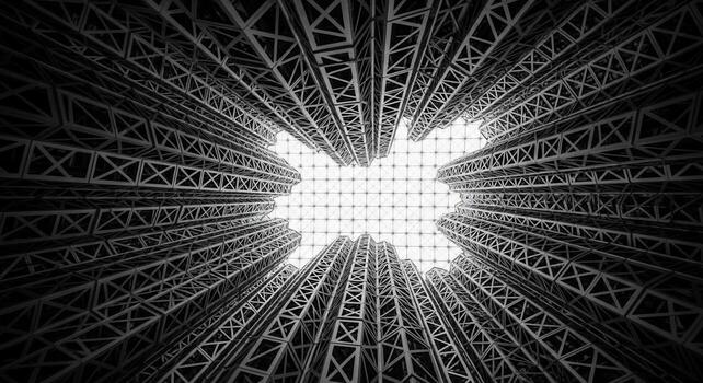 Abstract Geometric Structure with Repeating Patterns and Sky View photo