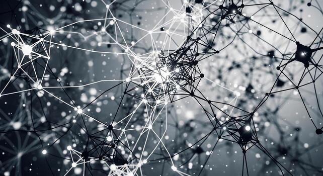 Abstract network of glowing nodes and connecting lines in grayscale photo