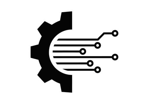 resumen negro y blanco icono representando tecnología y industria con un engranaje y digital circuito elementos, simbolizando innovación y Progreso vector