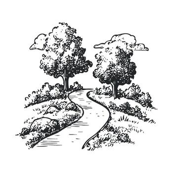 Winding path through a serene landscape with trees and clouds vector