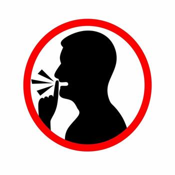 A illustration of a man's head making a shhh gesture, showing his face with his mouth open and his hands. The Please be quiet concept is marked with a red circle. vector
