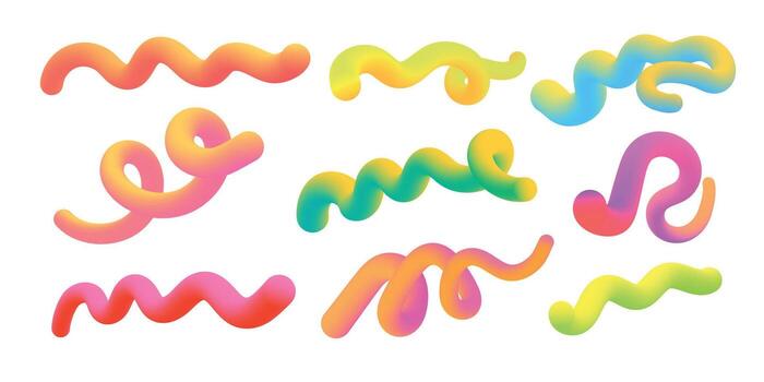 Set of Gradient 3D lines. Abstract wavy colorful ribbons. Modern rainbow fluid waves. Vibrant flowing curves. Illustration isolated on white background. vector