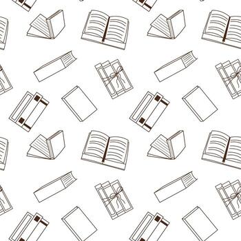 sin costura modelo con diferente libros, línea Arte. pilas de libros para lectura, abierto libros. plano patrón, describir, garabatear. vector