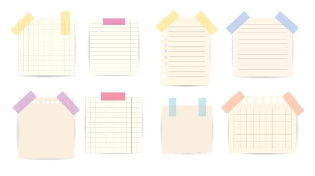 Set of different note papers. Templates for note message. Collection of notebook pages with lined and grid designs and stickers. vector