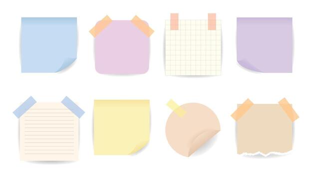 Stickers and Memo Note Set. A collection of various paper notes with tapes and curled corners, perfect for design projects, scrapbooking, presentations, and social media. Note message templates. vector