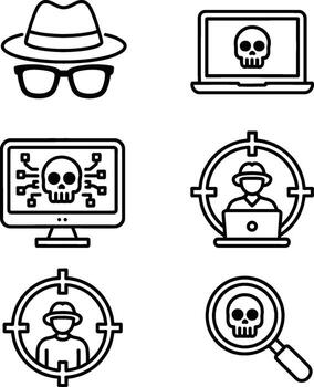 Cyber security icons hacker skull computer magnifying glass vector