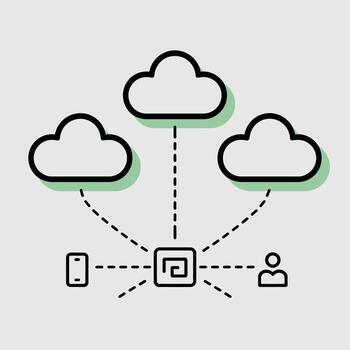 Pale Green Accented Minimalist Line Art Illustration Three Clouds Connected Central Server User Device Cloud Computing Network Data Storage Technology Concept vector
