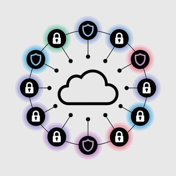 Pastel Cloud Computing Security Network Illustration Featuring Padlocks Shields and a Central Cloud Icon Minimalist Design Connected Circles in Soft Blue Green Purple Pink and vector